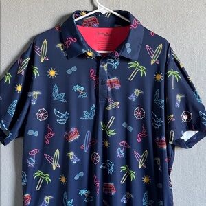 Birdie Bound Polo Shirt Mens Sz Large Navy Neon Tropical Print 90s Retro Golf